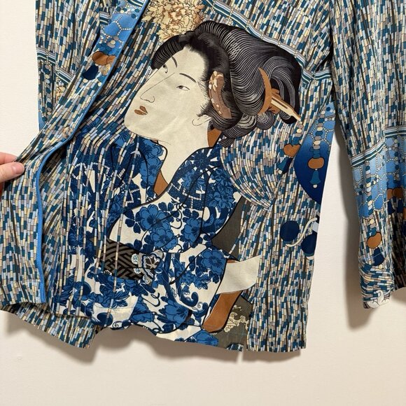 Citron Santa Monica Silk Geisha‎ Print Blue Button Front Blouse Size Medium - Picture 6 of 9